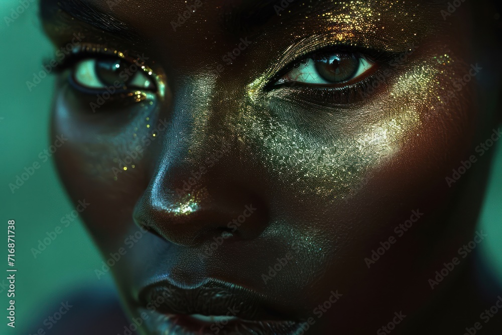 Canvas Prints  a close up of a woman's face with gold paint on her face and gold glitter on her eyes and face, with a green background of gold glitter.