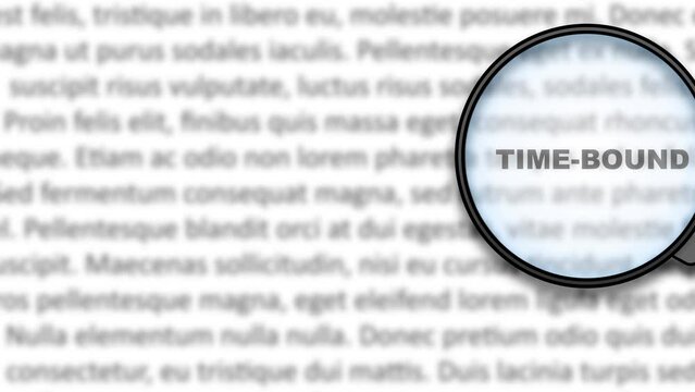 Magnifying glass focused on SMART goals - Specific, Measurable, Achievable, Relevant, and Time-Bound words in text. 