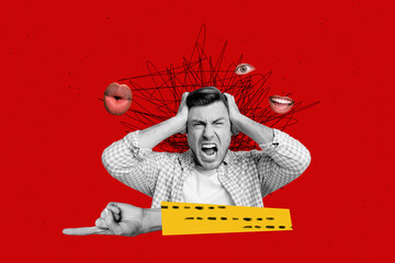 Photo collage depressed funny man cover ears screaming when people mouths pressure him in his head isolated on red color background