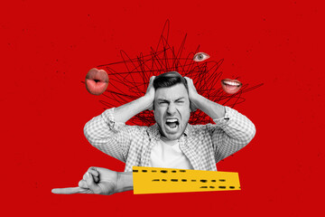 Photo collage depressed funny man cover ears screaming when people mouths pressure him in his head...