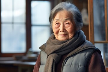 Portrait of a content asian elderly woman in her 90s dressed in a thermal insulation vest against a stylized simple home office background. AI Generation