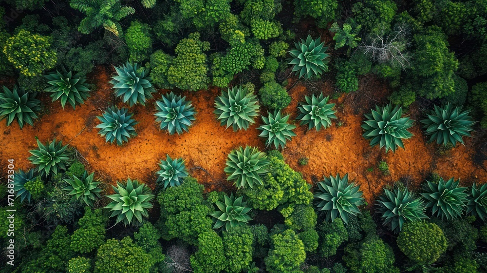 Poster an aerial view of a forest with lots of green trees and orange dirt in the middle of the forest, loo