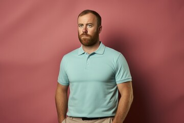 Portrait of a blissful man in his 30s wearing a breathable golf polo against a plain cyclorama studio wall. AI Generation