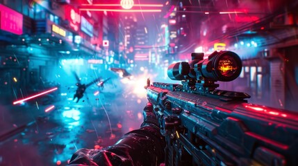 3D shooting video game with real neon lights in high resolution and quality - obrazy, fototapety, plakaty
