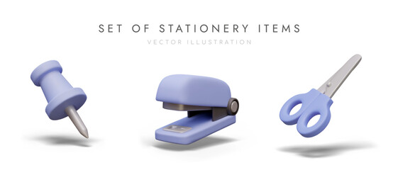 3D office pushpin, stapler, scissors. Desktop stationery for daily use