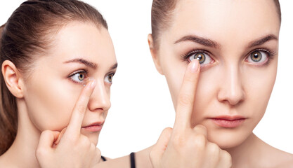 Collage of young woman wearing soft contact lenses.