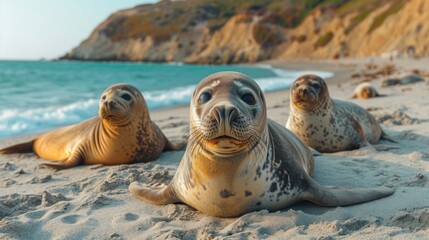  a group of sea lions laying on top of a sandy beach next to the ocean with a cliff in the backgroung of the ocean in the background.