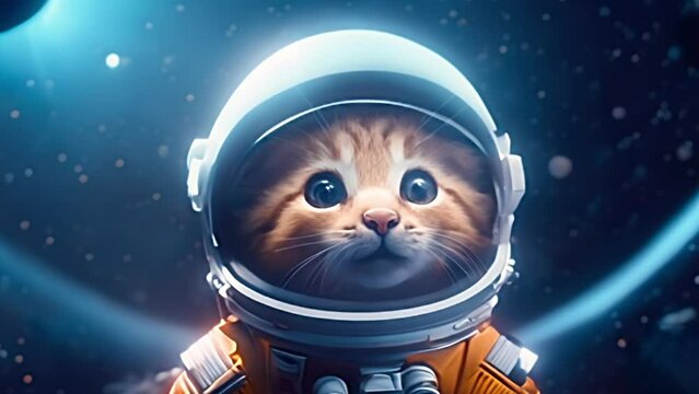 Cute kitten in a spacesuit in space against the background of stars and planets.