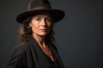 Fototapeta premium Portrait of a content woman in her 50s donning a classic fedora against a plain cyclorama studio wall. AI Generation