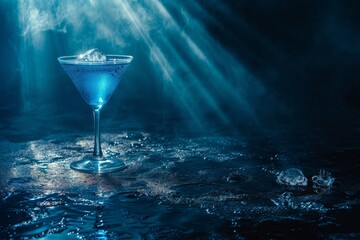 Ocean Blue cocktail in dark waters with backlight, dark food photo, low key - obrazy, fototapety, plakaty