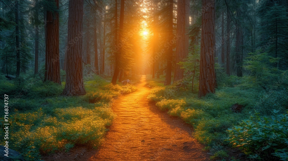 Poster  a path in the middle of a forest with the sun shining through the trees on either side of the path is a path with yellow flowers and green plants on both sides.