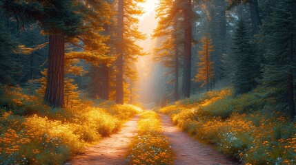 a path in the middle of a forest with yellow flowers on both sides of it and a bright light coming through the trees on the other side of the path.