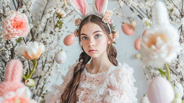 An Easter-inspired photoshoot capturing a teenage girl in a bunny costume, surrounded by whimsical decorations