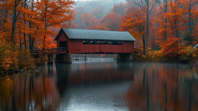 a red covered bridge over a body of water in front of trees with orange leaves on the trees and a red building on the other side of the bridge with a red roof.