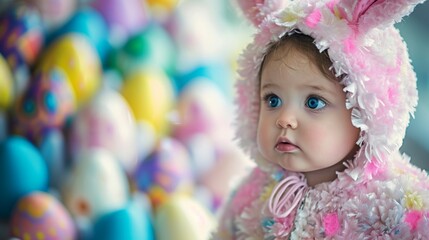 Innocent gaze of a child in a bunny costume, marveling at the vibrant colors of handcrafted Easter eggs