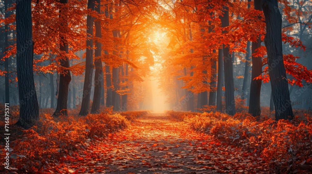 Poster  a path in the middle of a forest with red leaves on the ground and a bright light coming through the trees in the middle of the middle of the forest.