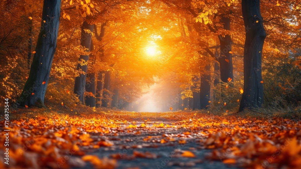 Poster  a road in the middle of a forest with leaves on the ground and a bright light coming through the trees on either side of the road is a leaf covered path.