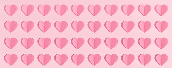 pink 3d paper hearts background, love banner, valentines day backdrop, 3d render