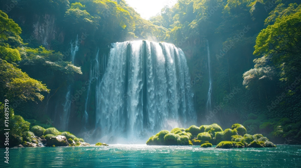 Poster a large waterfall in the middle of a body of water surrounded by lush green trees and a small island