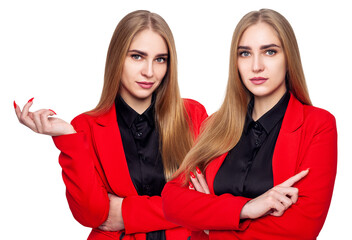 Collage of businesswoman in black shirt and red jacket.