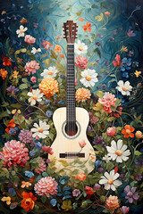 Guitar with flowers colorful wall art music print wallpaper background	- guitar oil painting - musical instrument artwork - obrazy, fototapety, plakaty