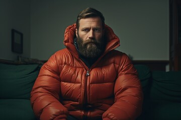 Portrait of a tender man in his 40s donning a durable down jacket against a crisp minimalistic living room. AI Generation