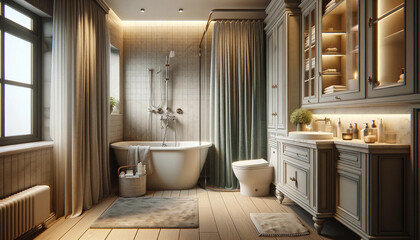 bathroom featuring a bathtub with a shower curtain, a cupboard, and a shower area - obrazy, fototapety, plakaty