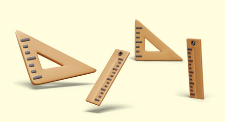 Composition with different wooden rulers. Measuring tool in straight style and with right angle