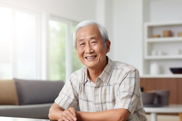 Portrait of a content asian elderly man in his 90s dressed in a relaxed flannel shirt against a crisp minimalistic living room. AI Generation
