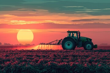 tractor driving at sunset spraying an agricultural crop for agriculture industry and food supply production concepts