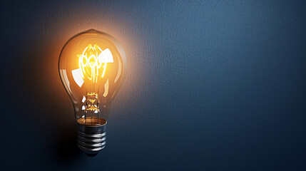 Glowing light bulb. Bright idea business concept, isolated with copy space. Dark blue background.