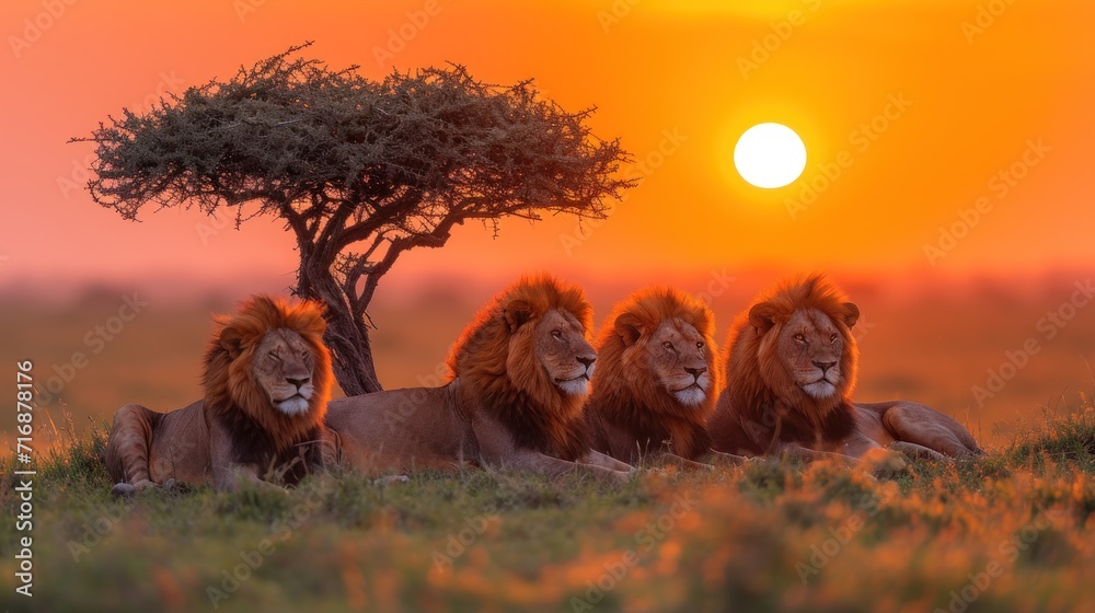 Canvas Prints  a group of lions sitting on top of a lush green field under a yellow and orange sky with a tree in the foreground and a sun setting in the background.