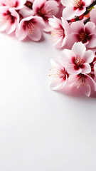Cherry tree branch with beautiful pink flowers on a bright pink background, flat lay. Space for text. Vertical.