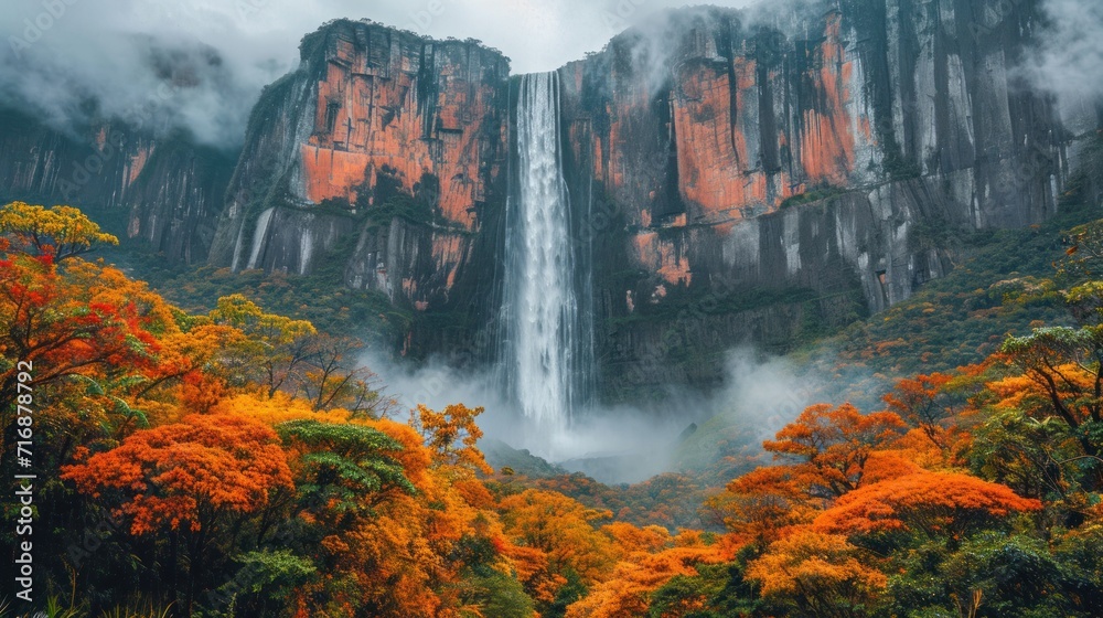 Poster  a waterfall in the middle of a forest filled with trees and orange and green foliage in the foreground, with a foggy sky and clouds in the background.