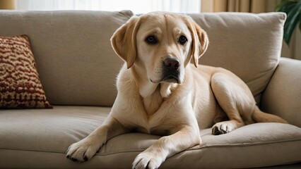 Yellow labrador retriever dog lying on sofa at home