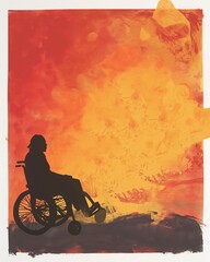 Illustration representing the black silhouette of a young man or teenager in a wheelchair, fire and flame red yellow orange background, icon or page decoration, hurting feeling, sense of unfairness