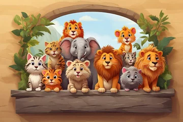 Fototapete Rund cartoon scene with many different animals in the zoo illustration for children © Юлия Васильева