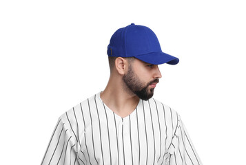 Man in stylish blue baseball cap on white background