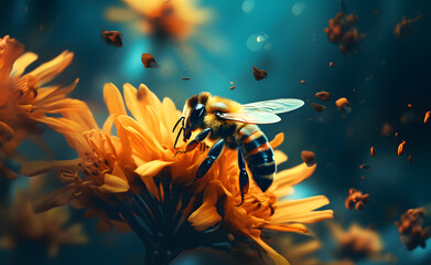 Beautiful colorful summer spring natural flower background. Bees working on a bright sunny day with beautiful bokeh	