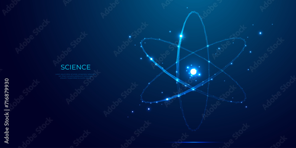 Poster Abstract atom cosmic icon or symbol. Nuclear science concept on technology blue background. Atom or molecule with light orbits and bright sparkles in blue polygonal style. Digital vector illustration.