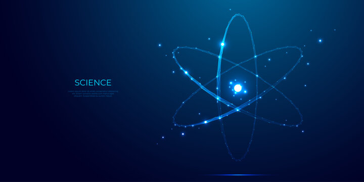 Abstract atom cosmic icon or symbol. Nuclear science concept on technology blue background. Atom or molecule with light orbits and bright sparkles in blue polygonal style. Digital vector illustration.