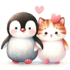 Fototapeta premium Penguin and Kitten Friends with Love Heart 