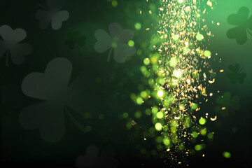 Fototapeta na wymiar St. Patrick's Day celebration. Clover leaves on dark background, bokeh effect