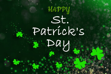Happy St. Patrick's Day card. Clover leaves on dark green background, bokeh effect - obrazy, fototapety, plakaty