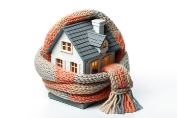 A house wrapped up warm with a knitted scarf isolated on solid white background. ai generative
