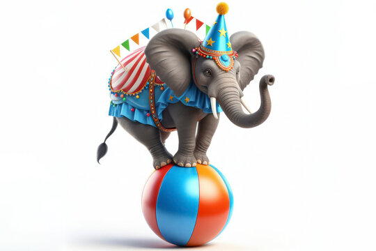 A circus elephant balancing on a ball isolated on solid white background. ai generative