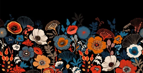 Gordijnen Horizontal banner with wildflowers, plants and herbs. Decorative style, stylized flowers. Black background. Stencil, template, border for interior wall, fabric. Floral seamless border.  © sunny_lion