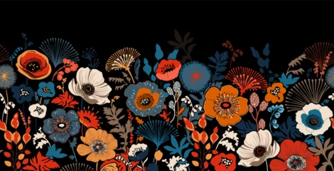 Gordijnen Horizontal banner with wildflowers, plants and herbs. Decorative style, stylized flowers. Black background. Stencil, template, border for interior wall, fabric.Floral seamless border. Vector © sunny_lion