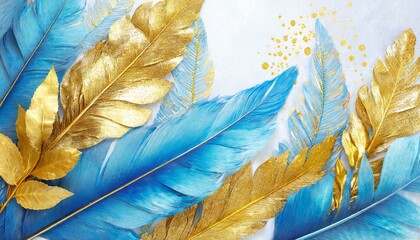 Art background with gold and blue leaves or feathers
