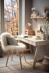 Design your ideal work nook with a touch of Scandinavian charm. Envision a wooden writing desk and chair against a soft grey wall, creating a cozy and inviting atmosphere in your modern home office.